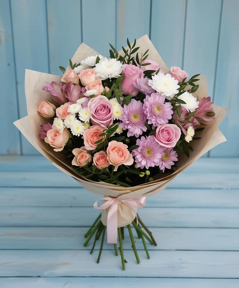 Букет цветов из: Хризантемы, Розы и Альстромерии в Тисули