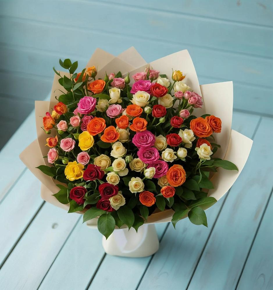 Букет Микс из разноцветных кустовых роз в Тисули