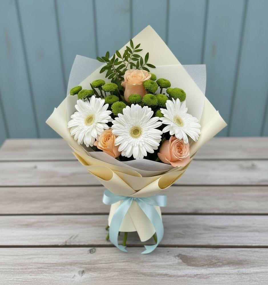 Букет цветов из: Герберы, Розы и Хризантемы в Тисули