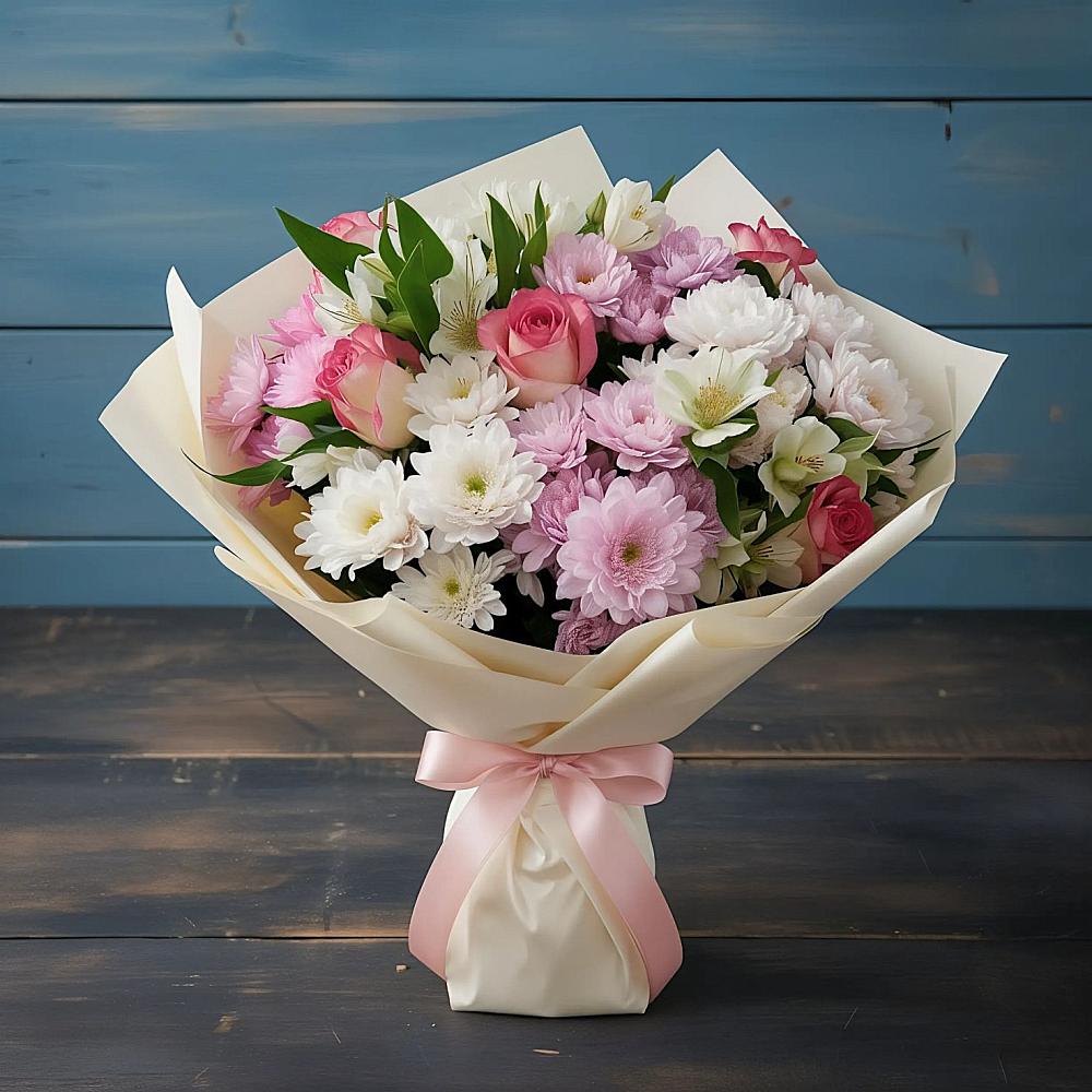 Букет цветов из: Хризантемы, Альстромерии и Розы в Тисули